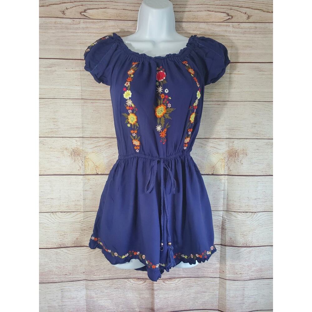 Blue Rain Navy Romper with embroidered flowers, size xs EUC